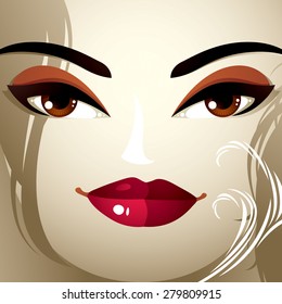 Face makeup. Lips, eyes and eyebrows of an attractive woman displaying doubt. Fashionable female haircut.