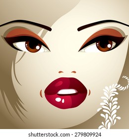 Face makeup. Lips, eyes and eyebrows of an attractive woman displaying surprise and shock. Fashionable female haircut.