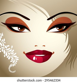 Face makeup. Lips, eyes and eyebrows of an attractive woman displaying doubt. Fashionable female haircut.