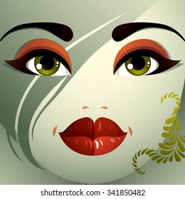 Face makeup. Lips, eyes and eyebrows of an attractive woman displaying surprise and shock. Fashionable female haircut.