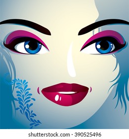 Face makeup. Lips, eyes and eyebrows of an attractive woman displaying happiness. Fashionable female haircut.