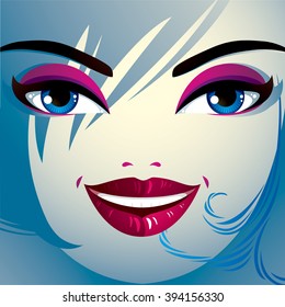 Face makeup. Lips, eyes and eyebrows of an attractive woman displaying happiness. Fashionable female haircut.