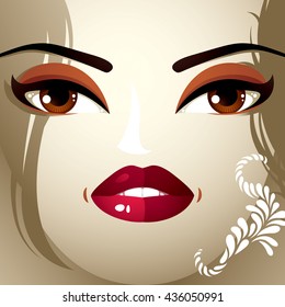 Face makeup. Lips, eyes and eyebrows of an attractive woman displaying surprise and shock. Fashionable female haircut.
