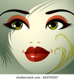 Face makeup. Lips, eyes and eyebrows of an attractive woman displaying surprise and shock. Fashionable female haircut.