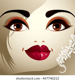 Face makeup. Lips, eyes and eyebrows of an attractive woman displaying doubt. Fashionable female haircut.
