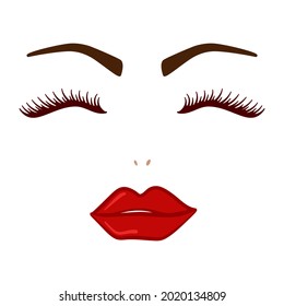 Composición de cara con labios rojos, pestañas y cejas para el concepto de belleza en vector