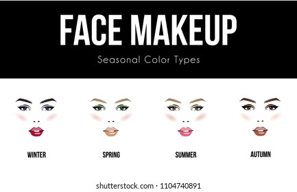 Face makeup set. Seasonal color types for women skin beauty set: Summer, Autumn, Winter, Spring. Young female faces, make up shades matching each type. Vector illustration.