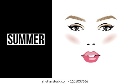 Face makeup summer type of female appearance. Face of young woman. Seasonal color analysis palette. Seasonal color type for women skin beauty card. Stock vector illustration