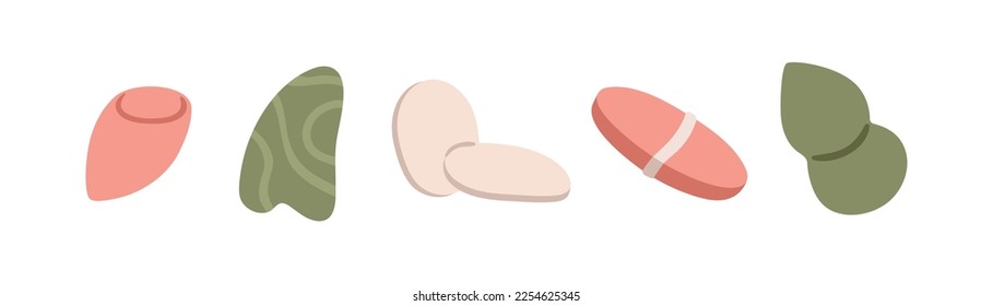 Face makeup tools. Different sponges, blenders for applying make-up, foundation. Cotton pads, guasha scraper for facial care. Beauty supplies. Flat vector illustrations isolated on white background