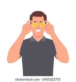 Face of male bitcoin lover holding golden coin in the eyes. Flat vector illustration isolated on white background