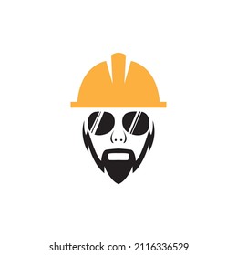 face man beard contractor with helmet logo design, vector graphic symbol icon sign illustration