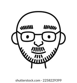 La cara de un hombre con barba y gafas. Retrato dibujado a mano de avatar de persona en estilo doodle. Ilustración vectorial aislada.