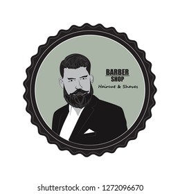 The face of a man with a beard in a round edging, symbolizing a Barber shop. Stylish logo and signboard for hair salons.
