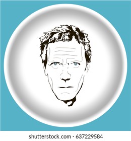 Face man in black lines on plate isolated.