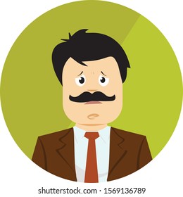 Face of a man with a black mustache. 