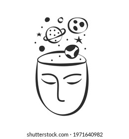 Face of man with cosmos in his head. Abstract doodle of  dreaming person. Unknown world science of mind. Vector illustration