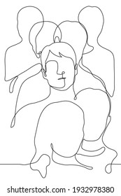 face of a man in a crowd - one line drawing. detailed human face among human silhouettes. Loneliness concept, take the escalator