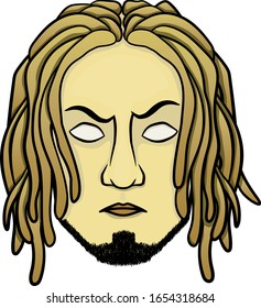 face of a man with dreadlocks with a beard and white eyes. severe emotion. illustration isolated on white background