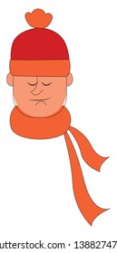 Das Gesicht eines Mannes in Winterkleidung gekleidet mit einem orangefarbenen Wollhut und einem orangefarbenen Schal, der um den Hals gekleidet ist, als seine Augen die Vektorfarbzeichnung oder -grafik schließen