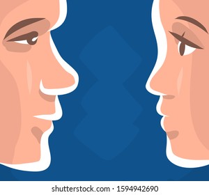 The face of a man and a girl. Lovingly look into the eyes. Blue color background. Vector romantic illustration.