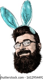 face of a man in glasses with a beard and lush hair cute smile with decorative soft Bunny ears in the form of a headband on his head, sketch vector graphics color illustration on a white background