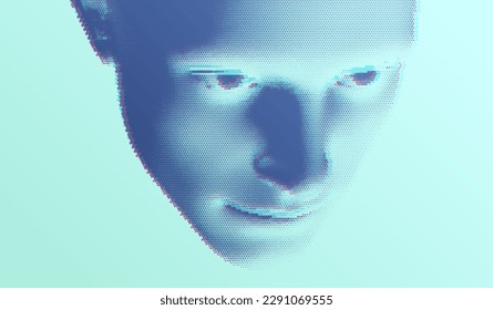 Face of man with glitch effect. Abstract men head made from dots. Pixel art. 3D vector illustration.