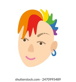 Face of man with hair dyed in rainbow color. Vector flat cartoon illustration on white background.