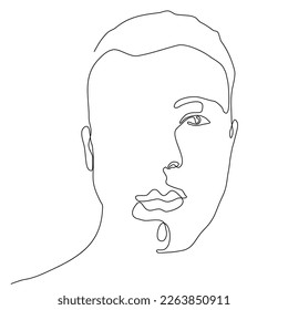 Logo minimalista de arte de la línea humana. Esbozo en línea de la cara del hombre.  Retrato abstracto del dibujo continuo de un joven en una línea. Diseño vectorial blanco negro para camiseta, estilo de impresión, logotipo de salón de belleza