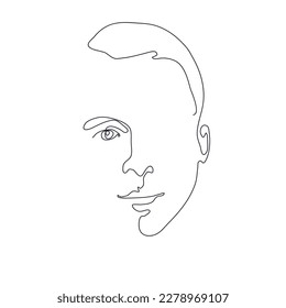 Logo minimalista de arte de la línea humana. Esbozo en línea de la cara del hombre. Retrato abstracto del dibujo continuo de un joven en una línea. Diseño vectorial blanco negro para camiseta, estilo de impresión, logotipo de salón de belleza