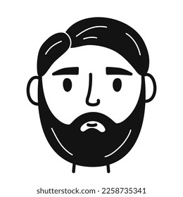 Face of man. Male brutal character with beard in hand drawn doodle style. Isolated vector illustration.