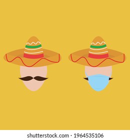 face of man with mexican hat and mustache next to another with covered with mask on color background