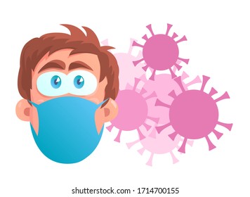Face of a man with a protective mask against coronavirus. Scared eyes. Dangerous germs fly around the head. Vector isolated illustration in cartoon style.