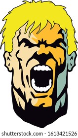 Face of man screaming furiously. Angry man face giving a terrible scream. Vector illustration in comic style. Image available in EPS 10.