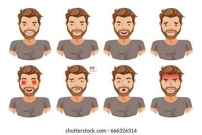 Face man Set of male facial emotions. Bearded man emoji character with different expressions. Vector illustration in cartoon Isolated on white background