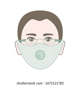 The face of a man with short hair, glasses and a protective medical mask against viruses and odors, a brunette guy in a respirator to prevent infection