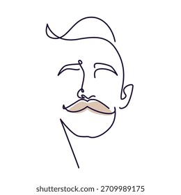 La cara de un hombre con un bigote grueso dibujando una línea. La cara de un hombre con un bigote grueso ilustración de una sola línea. La cara de un hombre con un bigote grueso minimalista línea de arte. 