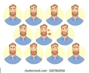 Face of man. Vector set. Character of various expressions bearded man