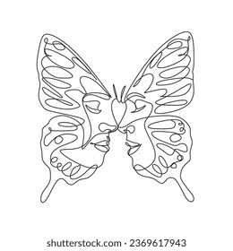 The face of a man and a woman on the wings of a butterfly one line Minimalist. Vector illustration. Continuous one line drawing.