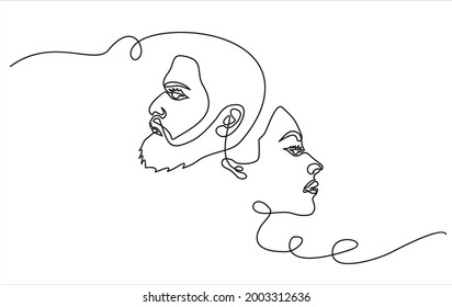 Face Man and woman, one line vector drawing. Portrait minimalistic style.