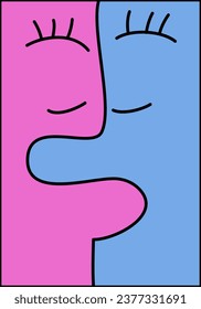 The face of a man and a woman who are kissing like a puzzle, cartoon vector illustration.