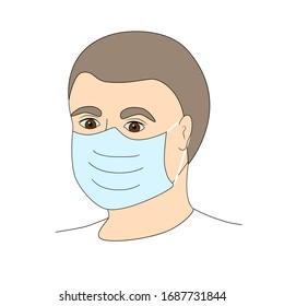 The face of a man or a young guy in a mask. Protection against pandemics, epidemics, viruses and flu. Vector stock illustration of a man or paramedic head isolated on a white background.