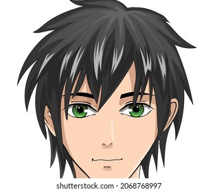 Face manga anime young man character. Black hair green eyes boy.