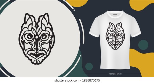 Face from Maori Patterns. Tiki mask. Template for prints of t-shirts. Vector 