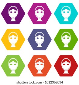 Face marked out for cosmetic surgery icon set many color hexahedron isolated on white vector illustration