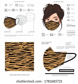 Face Mask Background Design, Animal Print, Tiger Pattern, Fabric, Protective Face Mask, Mockup Template, Seamless Print Vector, Abstract, Printable, Digital Printing