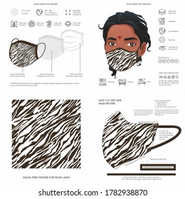 Face Mask Background Design, Animal Print, Zebra Pattern, Fabric, Protective Face Mask, Mockup Template, Seamless Print Vector, Abstract, Printable, Digital Printing