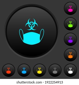 Face mask and biohazard symbol dark push buttons with vivid color icons on dark grey background