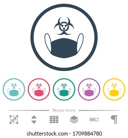 Face mask and biohazard symbol flat color icons in round outlines. 6 bonus icons included.