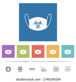 Face mask with biohazard symbol flat white icons in square backgrounds. 6 bonus icons included.