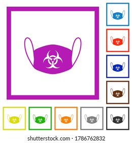 Face mask with biohazard symbol flat color icons in square frames on white background